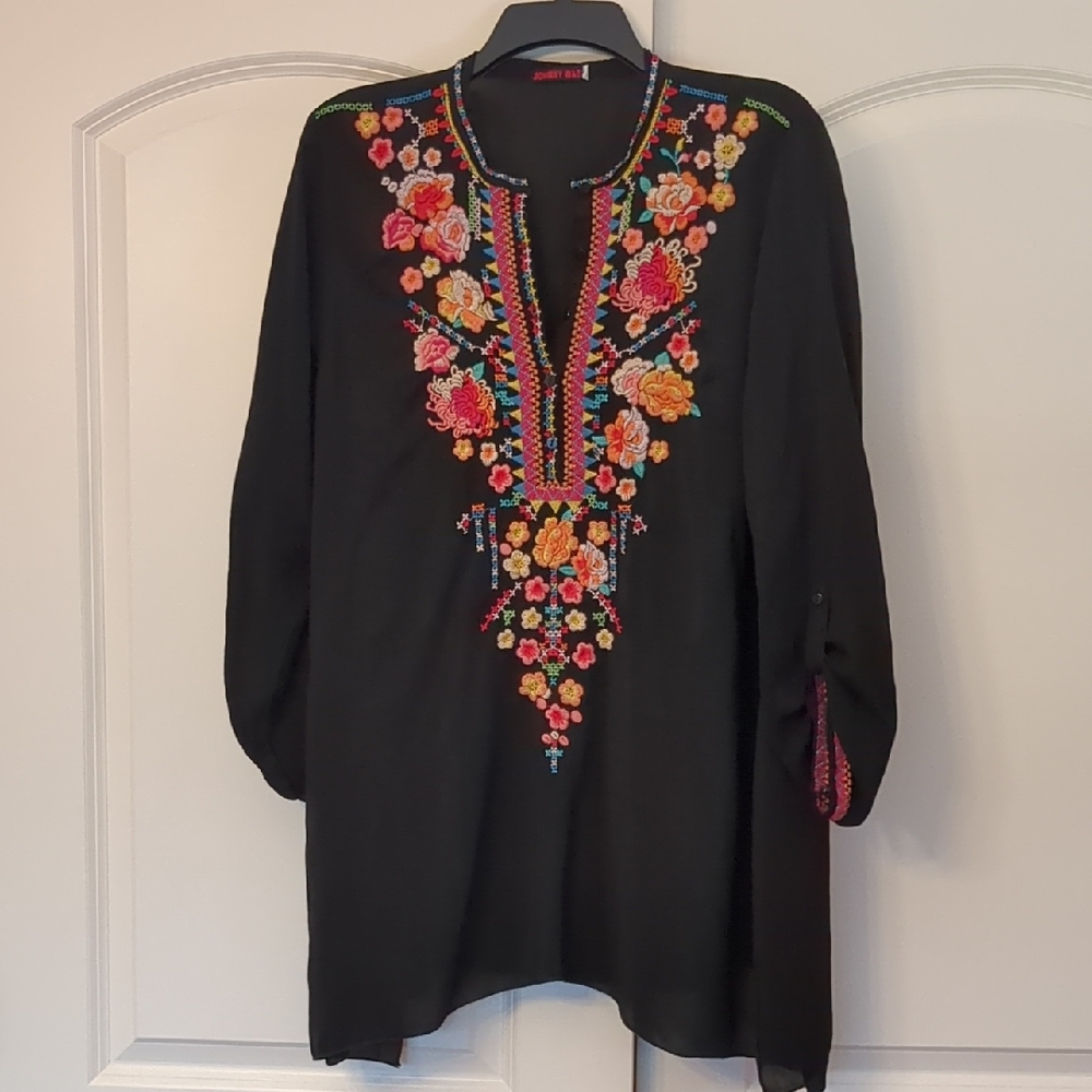 Johnny Was Black Tunic with Colorful Floral Embroidery